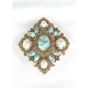 Vintage Large Signed Sarah Coventry Brooch Pendant Faux‎ Turquoise & Pearls